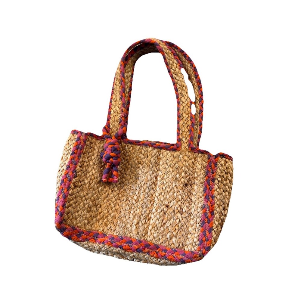 Jute Bag with Pink Orange and Purple Knit Accents and Handles Beach Bag Tote
